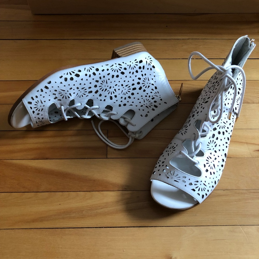 Women's White Laser-Cut Lace-Up Peep-Toe Sandals